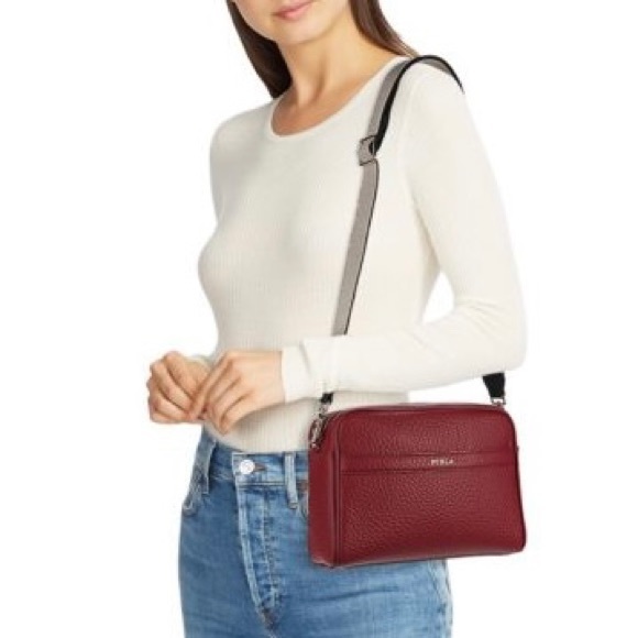 FURLA Avril BAPWAVR Burgundy Wine Pebbled Leather Guitar Strap Crossbody Bag - Picture 2 of 16